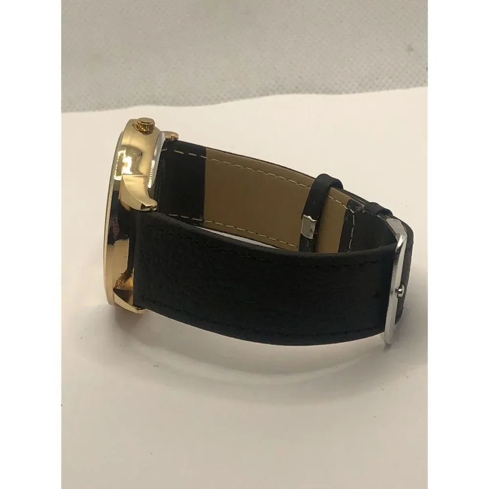 Anthony Jacobs Unisex Black Leather Analog Gold Dial Quartz Genuine Watch OP9